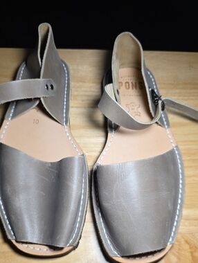 PONS Taupe Leather Open-Toe Sandals with Ankle Strap